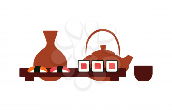 Japanese restaurant table setting, sushi and rolls. tea and sake vector. Clay teapot and cup, vase and wooden tray, food and drink of Japan isolated icon