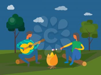 Camping in evening vector, people sitting by bonfire. Man playing guitar, guitar player male and woman holding stick with marshmallow, melting food