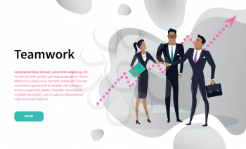 Teamwork web page, businessman and businesswoman, graphic of growth vector. Office workers in suits with briefcase and folder of documents, cooperation