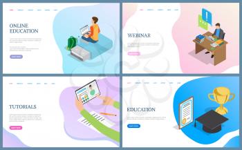 Education and tutorials, webinar web pages. Person working with laptop, using tablet. Website, online learning concept, rewards of graduating vector. Template landing page in flat