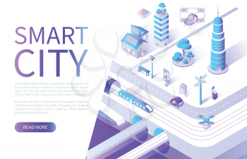 Smart city website with streets and transport vector. Garbage bin and public transport, train and bus riding on road, skyscrapers building and copter
