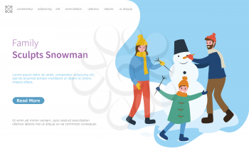 Family sculpts snowman, father and mother with kid holding branch vector. Man made of snowballs wearing bucket on heat, character with carrot nose