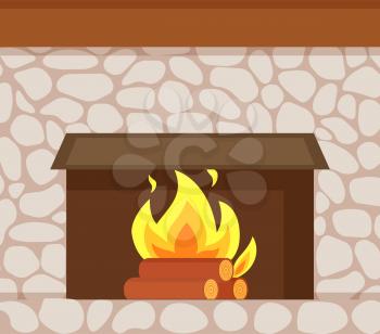 Burning fire, wooden logs and fireplace made of stone closeup vector. Flame in hearth at base of chimney, brick wall, home construction of decorative paving