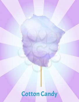 Cotton candy on wooden stick, postcard in purple color decorated by sweet or sugar wadding on floss, fluffy dessert, delicious sign vector. Candyfloss, kids sugar yummy snack