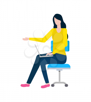 Person working on laptop vector, character with computer surfing web and internet, online user, female looking at screen, monitor with info flat style