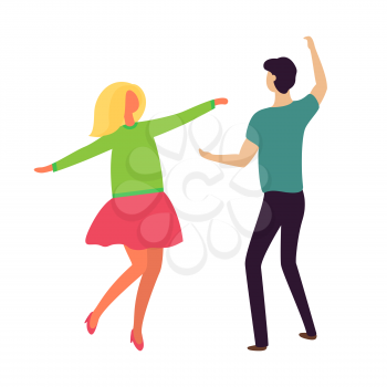 Passion dance of young couple boyfriend and girlfriend isolated. Vector dancing people in cartoon style, blond lady in pink dress and guy in black trousers