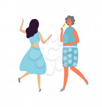 Drunk woman with glass of champagne and dancing lady back view isolated cartoon character in flat style. Vector brunette girls at dance party, females at concert