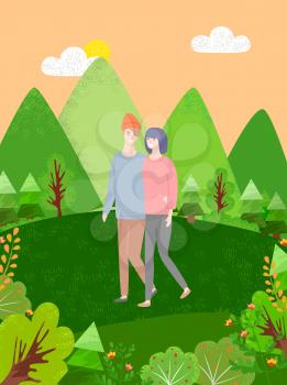 Cartoon people in casual cloth walking together in green forest with hills. Vector summertime landscape, trees and bushes, flowers and plants outdoors