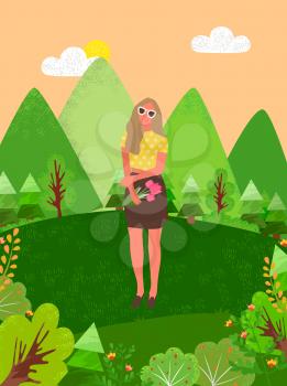 Young girl in sunglasses walking in forest among green trees, bushes and flowers. Pretty woman with bouquet of tulips on meadow with blooming plants