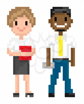 Man and woman pixelated graphics of 8 bit game isolated character of pixel game, mosaic representation, Afro American and Evropean personages, friends spending time together, for business or education