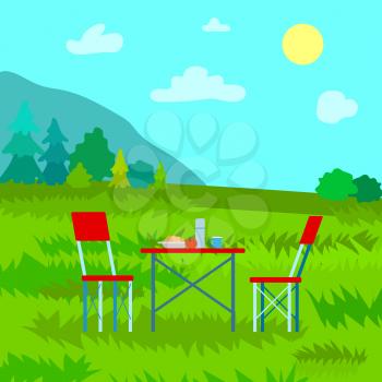 Picnic in mountains, table served by meal and thermos, couple chairs. Landscape view on top, clouds and sun, forest and grass, dinning outdoor vector