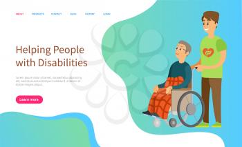 Helping people with disabilities vector, man helping person sitting on wheelchair, volunteering and caring for older person, invalid character. Website or slider app, landing page flat style