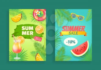 Summer sale vector banner, curved ribbon and label. Slices of pineapple, orange and watermelon, sun glasses, inflatable ring, palm leaves and cocktail