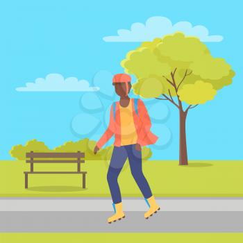 Man wearing helmet, person character going on rollerblades in city park with bench and trees. Boy rollerblading in casual clothes, urban activity vector
