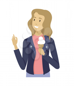 Woman holding ice-cream, closeup and portrait view of girl waving hand and eating sweet, smiling person in jacket walking, spring or summer season vector