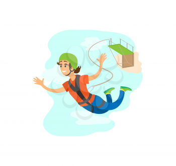 Woman wearing helmet and insurance falling from bridge, bungee jumping poster, freefall extreme sport, portrait view of smiling and flying female vector
