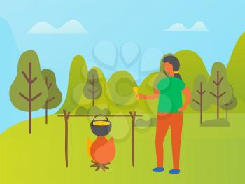 Person cooking on nature vector, lady with pot and boiling liquid in it. Woman holding spoon, preparing soup for picnic, camping girl in forest or park