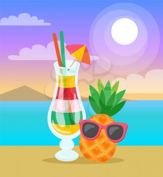 Summertime seascape, pineapple and cocktail vector. Exotic fruit character wearing sunglasses, sunshine and mountains, ocean water. Beverage in glass