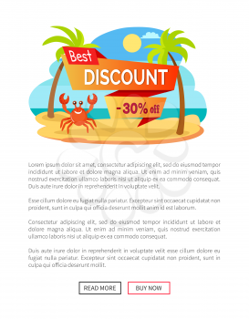 Best discount 30 percent off advertisement label with cartoon crab among palm trees at coastline web online poster. Vector omar at sea, hot summer sale