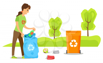 Woman volunteer cleaning trash, plastic and organic litter, activist putting bottle in bag, environmental caring, female worker sorting garbage vector