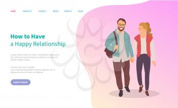 How to have happy relationships, couple walking together in pairs, cartoon characters. Vector guy and blonde girl, dating man and woman on walk. Website or webpage template, landing page flat style