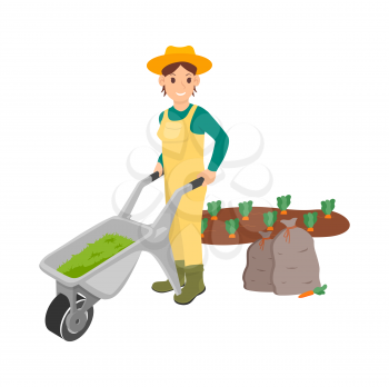 Farming woman pushing carriage with compost vector, isolated person working on plantation, harvesting and cultivation of soil, carrots and plants