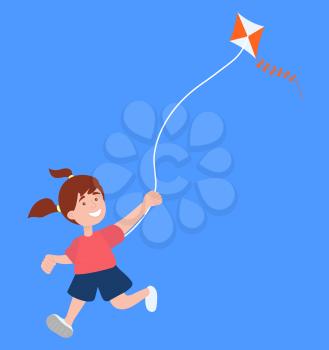 Smiling girl running with kite, happy child wearing casual clothes, playing outdoor, teenager character holding flying toy, playful kid, childhood vector