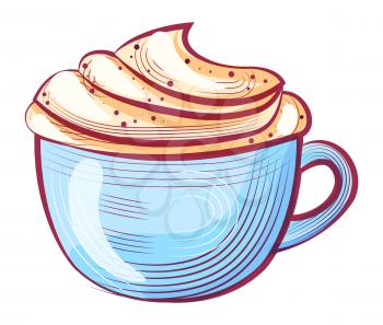 Coffee with whipped cream in cup with handle, cappuccino in pot, drawing caffeine or aroma drink. Sketch of hot beverage in flat design style, tasty vector