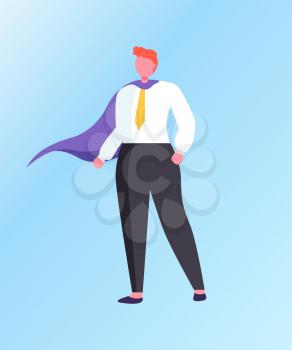 Man superhero isolated cartoon character. Vector businessman, powerful leader ready to solve tasks, confident male in tie and purple cloak, leadership