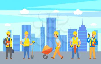 People with tools working in city vector, man with carriage with building material, supervising male with briefcase in hand, person with shovel drill