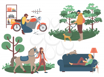 Motorbike repairing mechanics garage vector, interest of biker, reading woman. Horse and lady, hunting person with dog on nature, hobby characters