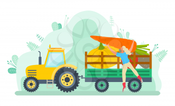 Car loaded with vegetable vector, character filling tractor with gathered products. Harvesting season, transportation of food. Farmer and machine