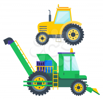 Machinery for farm works vector, isolated machines working on industry. Harvester and tractor. Vehicles for transportation flat style farmers equipment