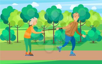 Retired people having fun in park vector, man and woman rolling and using wooden walking stick, senior couple activities in forest with trees character