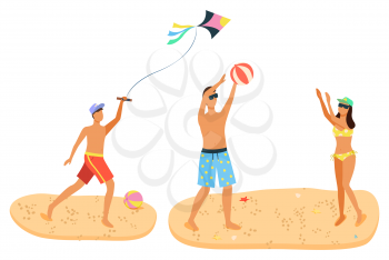 Summer fun, recreation activities on sand. Man and woman in swimsuit playing beach volleyball, male with wind kite cartoon people with ball isolated