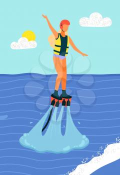 Woman on water skis surfing in sea or ocean. Leaves traces on water, beach and summer sport activities. Girl wearing life vest and helmet flyboarding. New spectacular extreme water sport