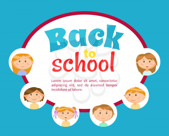 Back to school vector, poster with text sample. Students in frames, schoolgirl and schoolboy, classmates on lessons, september annual gathering of group