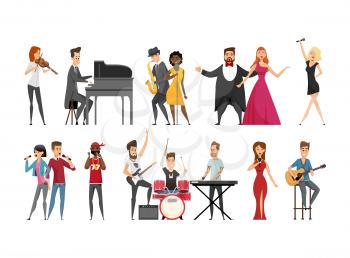 Hobby of musicians people set. Man and woman singing opera style, jazz and rock players. Concerts of classic music by artists vector illustration