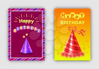 Happy birthday postcards set with decorated title. Hats with lines ornaments and stars pattern. Celebrational caps for partying vector illustration
