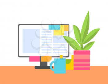 Abstract office interior color vector illustration, cute potted flower and blue coffee cup, working pc, computer monitor with reminder papers set