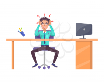 Worker looks tired and angry working at office, unable to solve problems, sitting by table holding head with hands, rage of person vector illustration