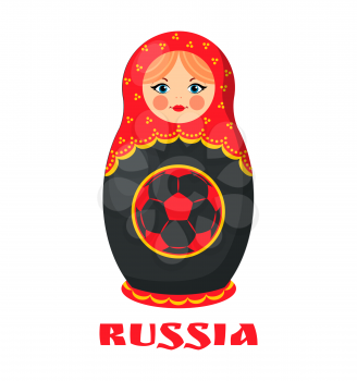 Russia poster with Russian doll with headline and ball drawn on it. Traditional folklore element of Eastern country, isolated on vector illustration