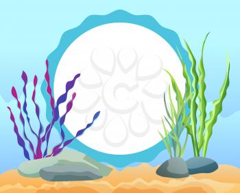 Funny cartoon oval photo frame card with colorful sea weed, stones and wave contoured space for photograph flat vector illustration on blue backdrop.