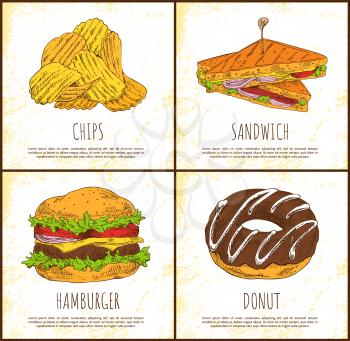 Donut chips sandwich and hamburger colorful card, vector illustrations of different fast food, sweet and fatty meal snack, unhealthy appetizer set