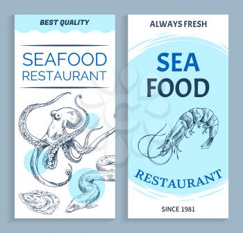 Seafood restaurant hand drawn banner. Giant squid and shellfish, electric eel and shrimp sketch vector illustration on white tint with blue spots.