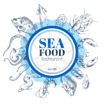 Seafood restaurant card in sketch style. Round frame with giant squid and electric eel, shrimp and crab, bream and shellfish vector illustration.