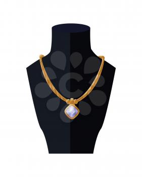 Necklace with huge sapphire, golden female accessory isolated on white background vector illustration of pretty wealth chain, stylish expensive chaplet