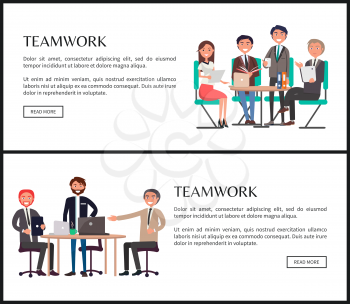 Teamwork Internet banners set with office employees. Colleagues sit around table and develop new strategy online promo posters vector illustrations.