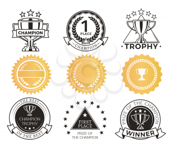 Champion stickers collection, first place winner awards, banners and empty templates, rounded shapes of awards colorless set, vector illustration