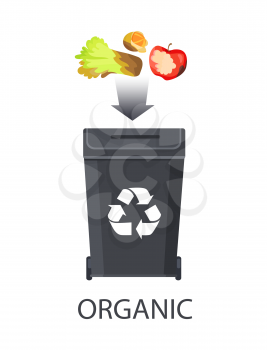 Icon of trash box for organic waste color banner isolated on white backdrop vector illustration, dark arrow and food refuse, fruits and vegetables set